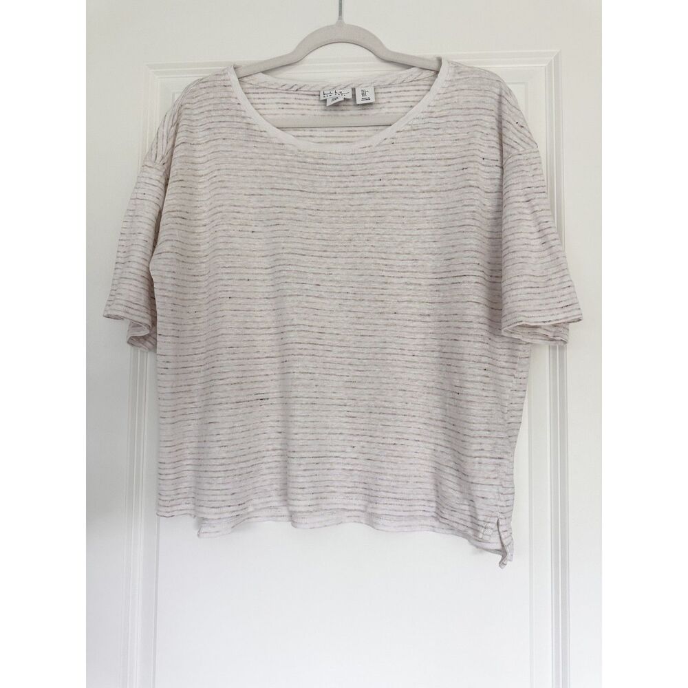 Nicole Miller New York 100% Linen Striped Short Sleeve Top Women's Large Beige